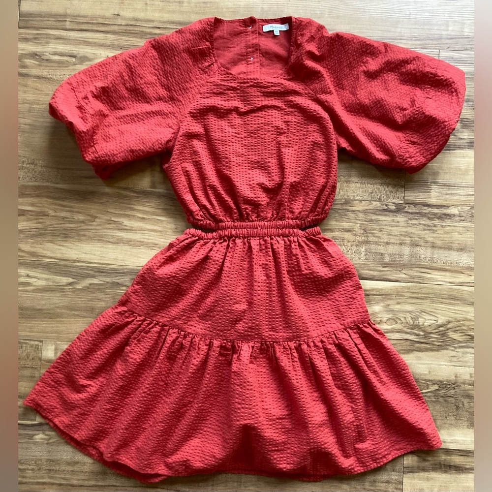 Madewell Seersucker Puff-Sleeve Cutout Mini Dress